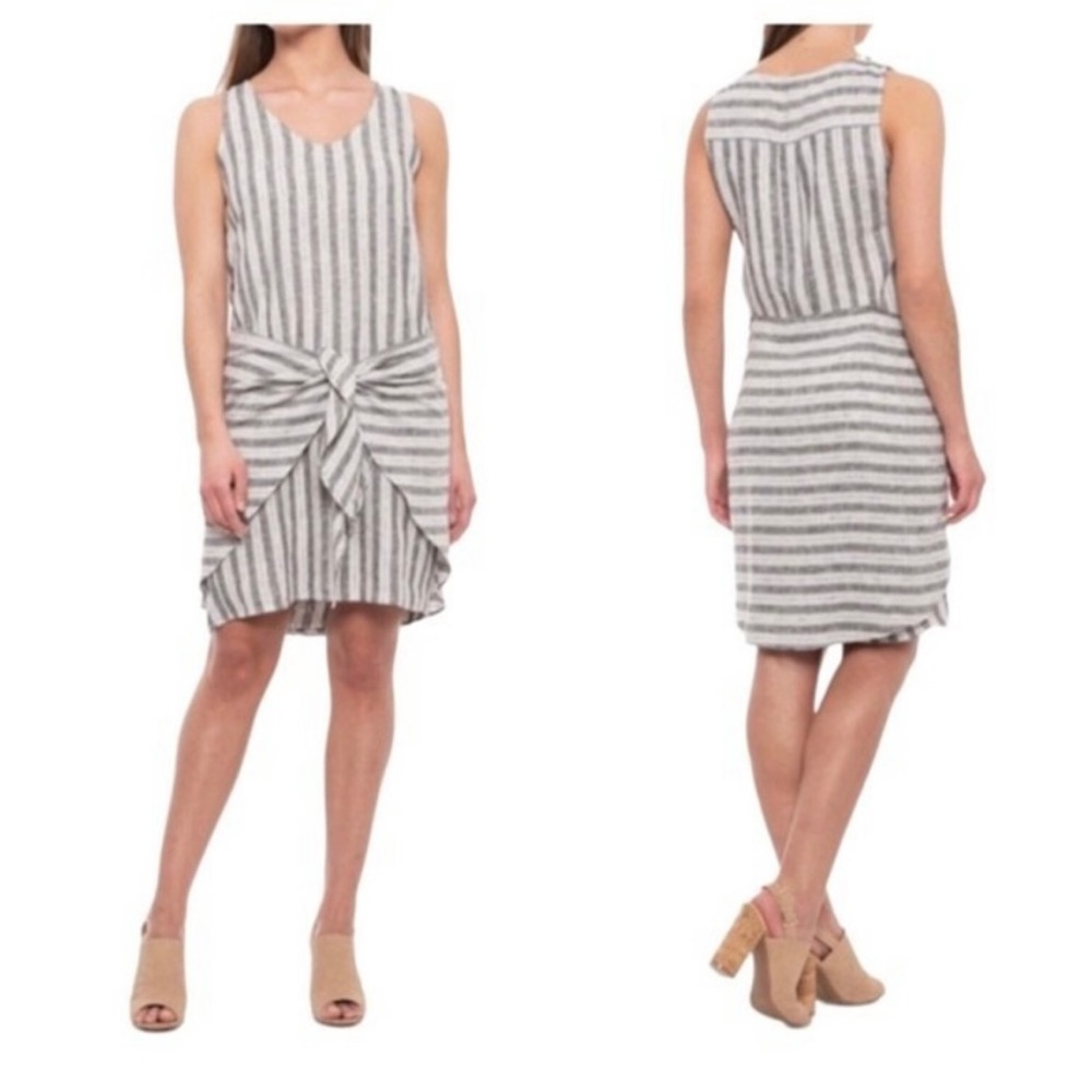 Drew Anthropologie Womens Gray Stiped‎ Linen Blend Sarong Tie Dress Small